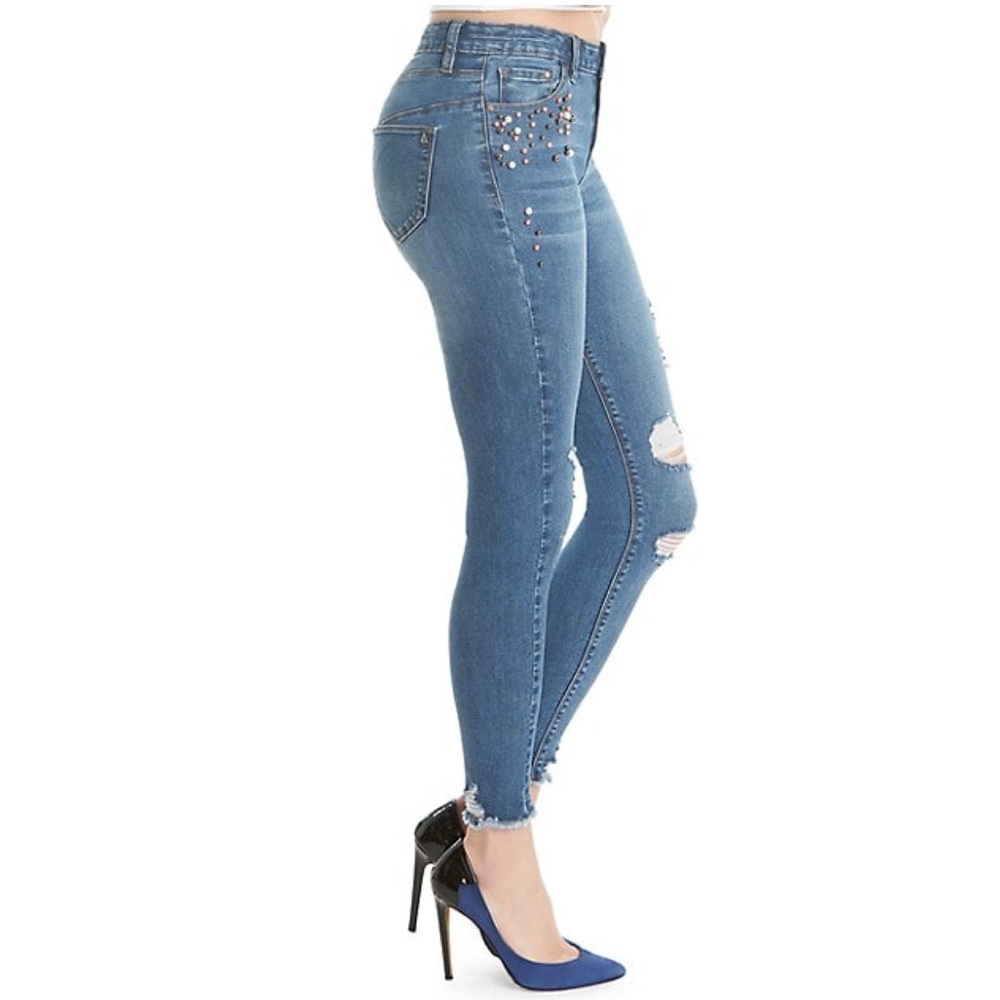 Lala Anthony collection Faux Pearl-Accented Distressed Skinny Jeans size 14 / 33 - Picture 2 of 6